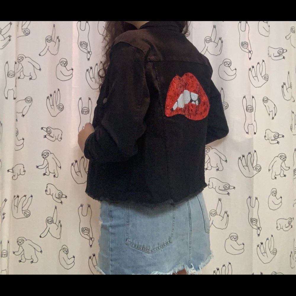 Black sequin lips denim jacket